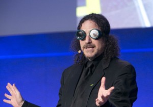 David Berman wears goggles in his talk about web accessibility