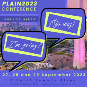 Obelisk area in Buenos Aires, buildings in the background, people and cars on Avenida 9 de Julio. Speech bubbles say I'm going and Yo voy. Text reads: PLAIN2023